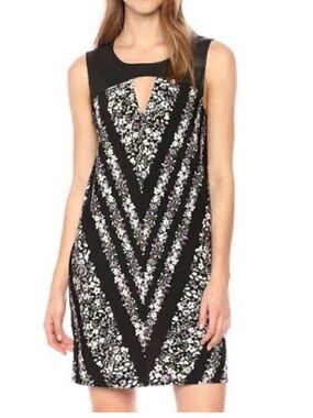 BCBGMAXAZRIA Lane Floral Chevron Faux Leather Trim Shift Dress XS